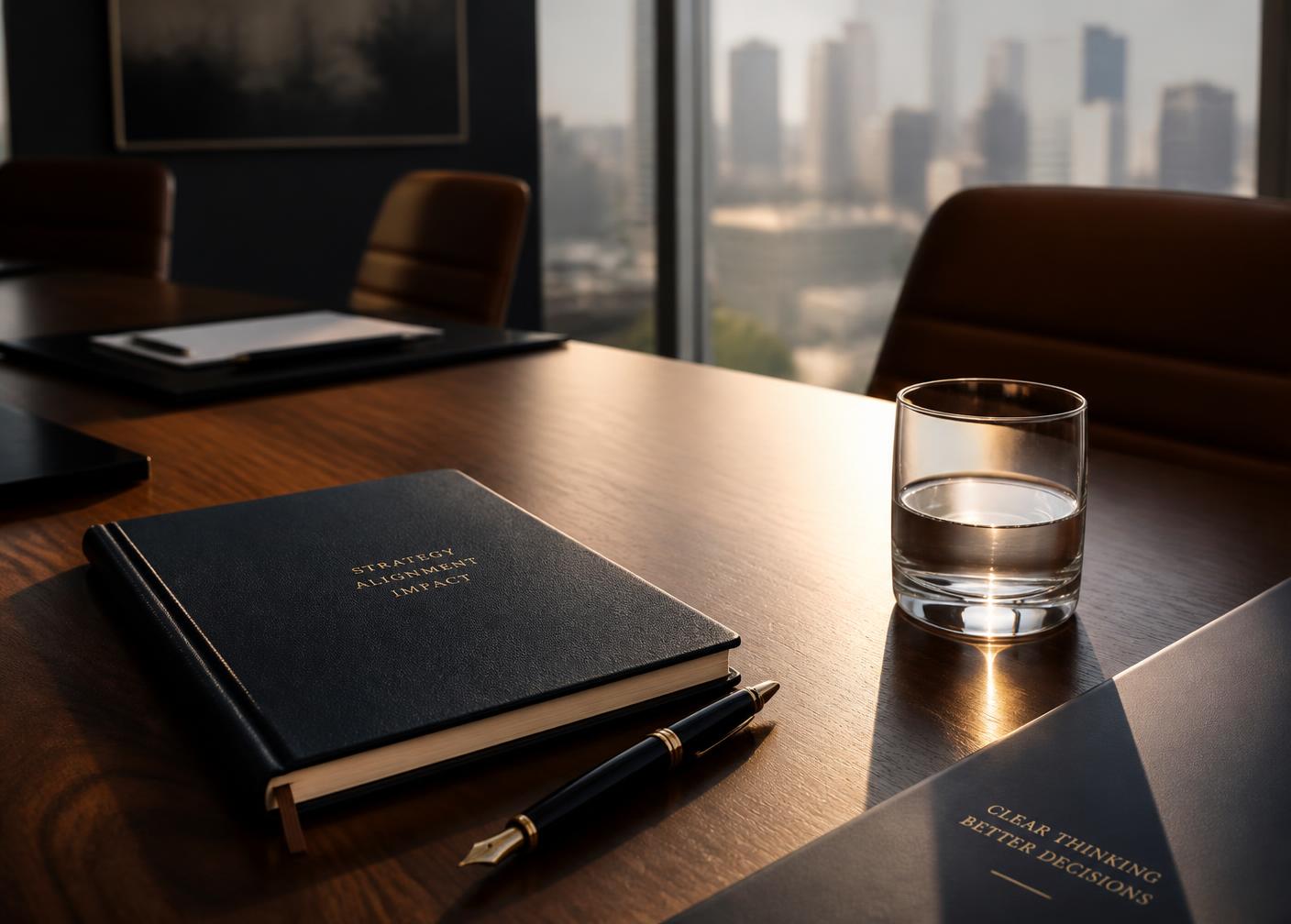 Notebook and pen on a boardroom table in warm light