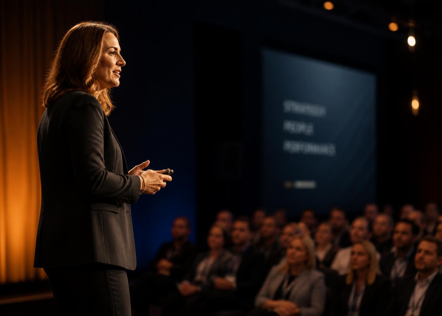 Speaker addressing a professional audience on a conference stage